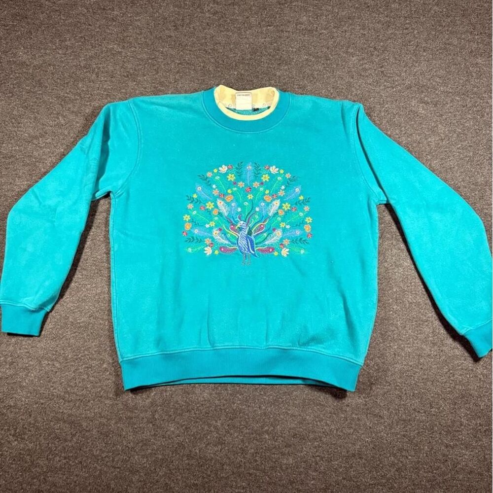 Vintage 90s King Universal Teal Peacock Embroidered Double Collar Crewneck L